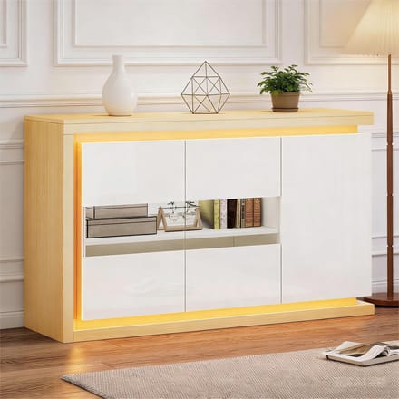 Sweiko Dressoir - Halmeubel - Hoogglans - LED-verlichting - Glazen deuren - 140 x 40 x 84 cm - Wit