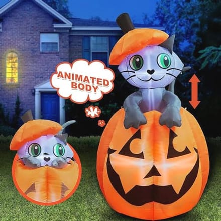 Halloween opblaasbare kat op pompoen met LED verlichting - 1,5 m tuin decoratie