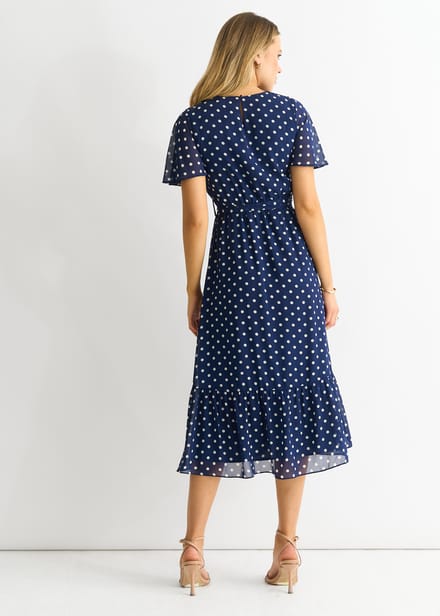 Navy vlek chiffon engel mouwen midi jurk