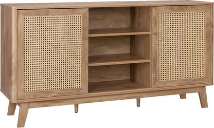sweeek - Dressoir met 2 schuifdeuren en planken houtdecor en rotan 150cm - mani