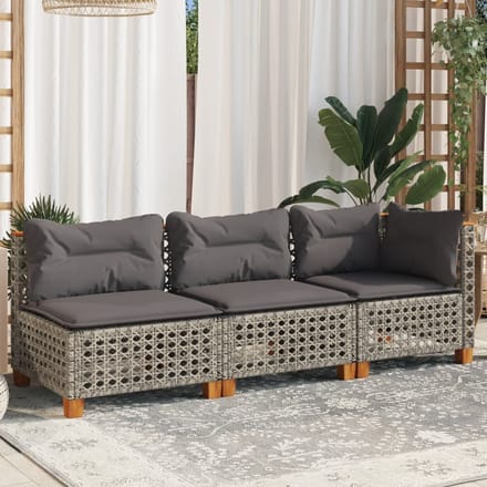 vidaXL - Tuinbank - 3-zits - met - kussens - poly - rattan - grijs