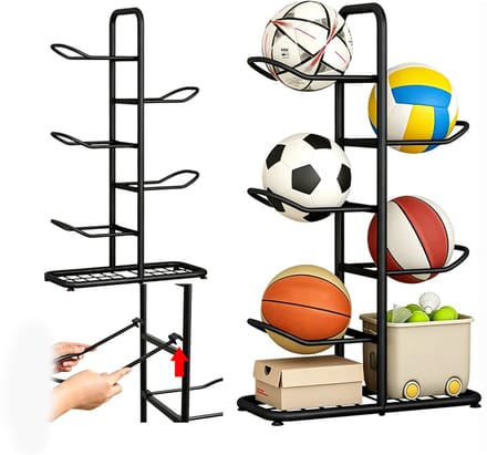 Basketbalmand – 5 lagen – Geschikt voor thuisgebruik als opbergmand voor basketbalmanden, voetbalballen, pingpongballen, badmintonrackets of sportartikelen - Inclusief zwart gaasdoek – 58*23,5*86 cm - Zwart