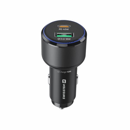 Swissten Autolader 63W - USB-A + USB-C Poort - Snellader - Zwart