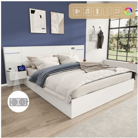 Lit double - MUVOE - 180x200 cm - Bois blanc - Connexion USB - Matelas intégré wit