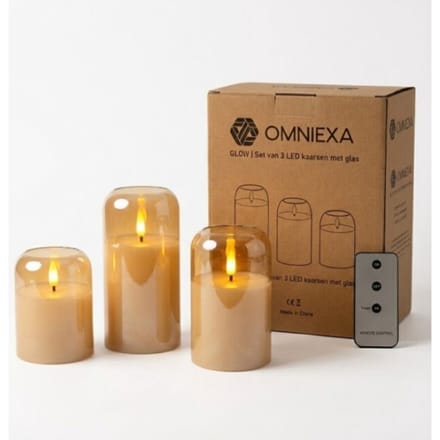 OMNIEXA LED Kaarsen met Afstandsbediening - Set van 3 in Glas - 3D Vlam - Timer - Goud