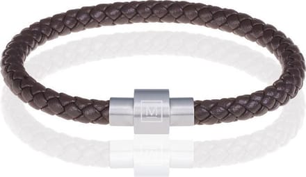 Memphis armband leer met edelstaal Donkerbruin Zilver-19cm