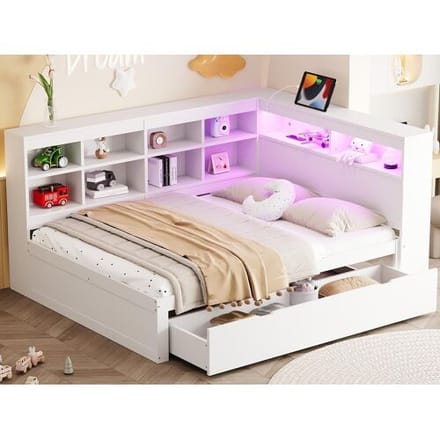 ModernLuxe Massief houten opbergbank bed 140x200 cm - met LED en USB aansluitingen - Wit