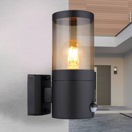 Globo Xeloo buitenwandlamp, sensor, zwart/rookgrijs, IP44, E27
