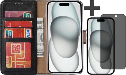 Hoesje met Privacy Screenprotector Geschikt voor iPhone 15 – Arara bookcase met pasjeshouder - Zwart