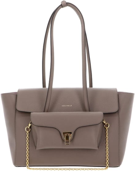 COCCINELLE Leren shopper schoudertas Double Beat Grained Leather Handbag Warm Taupe
