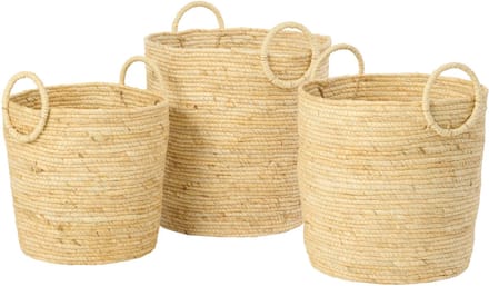 J-Line mand met handvat Rond - riet - naturel - set van 3