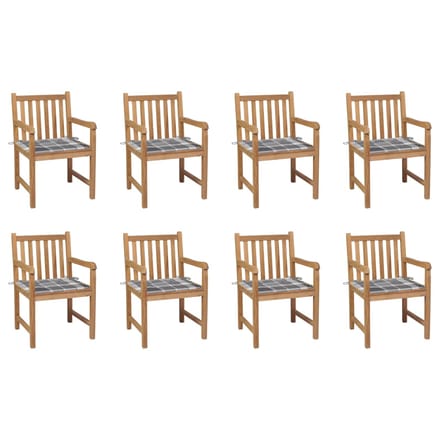 vidaXL - Tuinstoelen - 8 - st - met - grijs - geruite - kussens - massief - teakhout