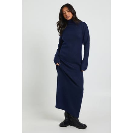 boohoo Dames Petite Super Soft Hoge Hals Gebreide Maxi Jurk | Marineblauw | Maat: Medium