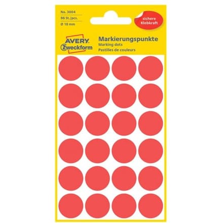 Avery-Zweckform 3004 Etiketten voor markeringspunten Ø 18 mm Rood 96 stuk(s) Permanent hechtend Papier