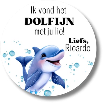 Traktatiestickers Dolfijn met naam – Ik vond het DOLFIJN met jullie – 20 stuks – 4 cm