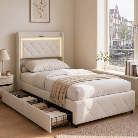 Opbergbed 90x200 cm beige fluweel met LED, stopcontact en laden