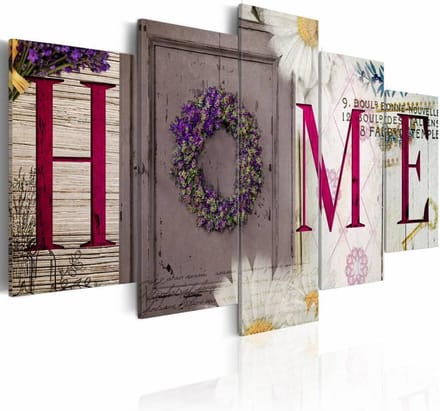 Schilderij - Welcome home , rood wit , hout look , 5 luik