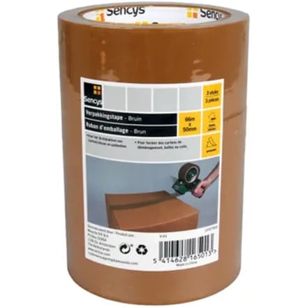 Sencys Verpakkingstape - Bruin - 66m X 50mm - 3 Stuks