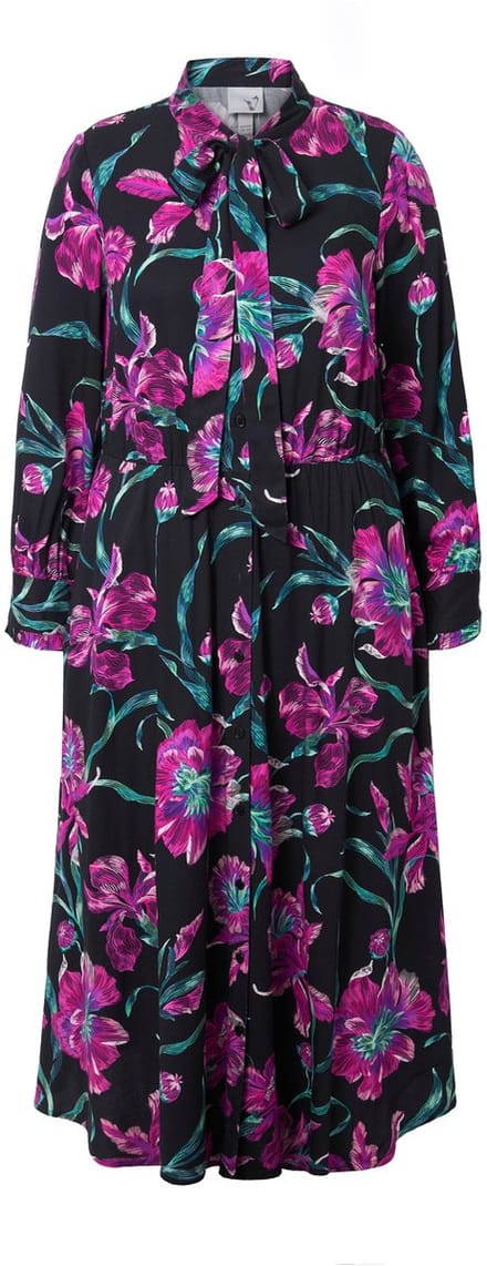 Ulla Popken - Dames - Maxi-jurk A-lijn V-hals strik lange mouwen - Framboos - Maat 46+