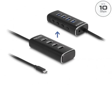 Delock 64233 64233 USB-hub 4 poorten USB-A, DC-aansluiting 3,5 mm USB 3.2 Gen2 10 GBit/s Met USB-C stekker Zwart