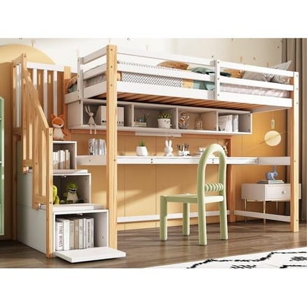 ModernLuxe Houten tussenbed 90x200cm - met opbergtrap + bureau + lattenbodem - Wit & Naturel