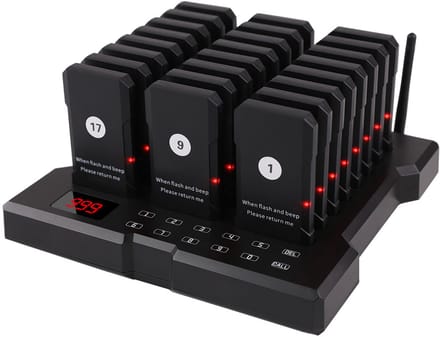 Horeca Pager Systeem 24 Stuks – Touchscreen Zender – Waterdicht & Oliebestendig – 550m – Trillen/Flash/Beep