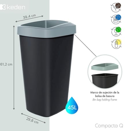 45 liter recyclingemmer kunststof met praktisch open deksel - grijs