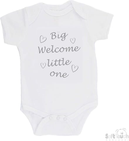 Soft Touch Romper "Big welcome little one" Unisex Katoen Wit/grijs Maat 56/62
