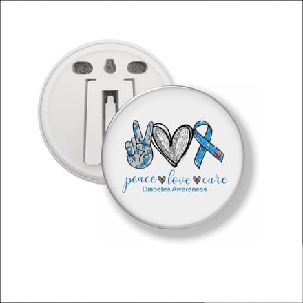 Button Met Clip 58 MM - Peace Love Cure Diabetes Awareness