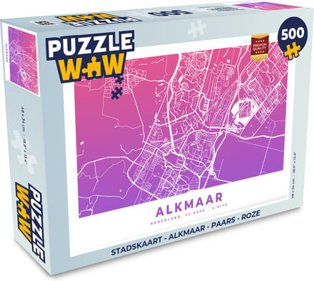 Puzzel Stadskaart - Alkmaar - Paars - Roze - Legpuzzel - Puzzel 500 stukjes - Plattegrond