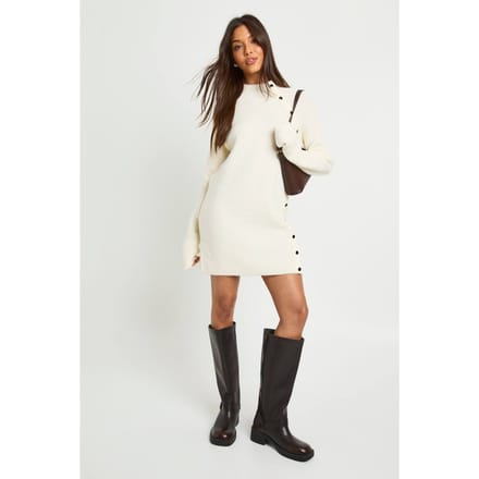 boohoo Dames Knoopdetail gebreide mini-jurk | Creme | Maat: Medium