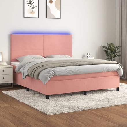 vidaXL - Boxspring - met - matras - en - LED - fluweel - roze - 180x200 - cm
