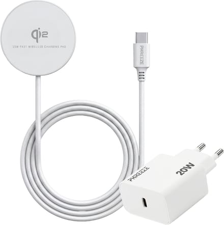 Phreeze Draadloze Oplader geschikt voor iPhone 17/16/15/14 + USB C Adapter 20W - Snellader - Draadloos - Magnetisch - 1 Meter - Wit