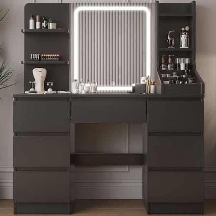 Moderne Kaptafel met LED Spiegel en Verlichting, 4 Planken en 7 Laden