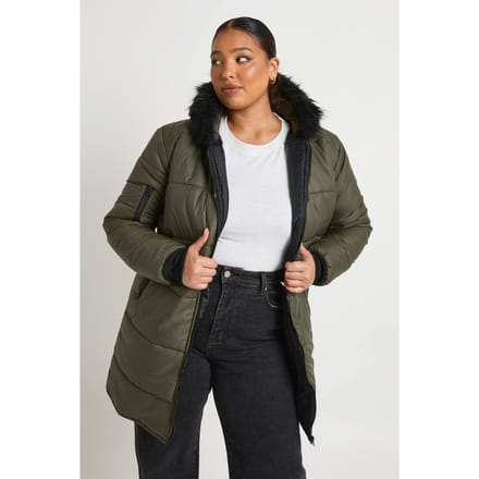boohoo Dames Plus Faux Fur Trim Parka | Kaki | Maat: 46