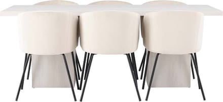 Olga eethoek tafel wit en 6 berit stoelen beige.