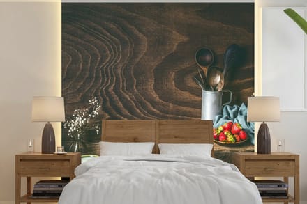Behang - Fotobehang Rustiek - Fruit - Keukengerei - Aardbei - Breedte 280 cm x hoogte 280 cm