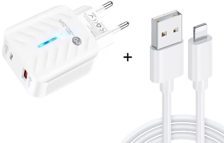20W Snellader met USB + USB-C - PD3.0 & QC3.0 - Inclusief 1 meter USB naar 8-Pin Laad- en Datakabel Oplader - geschikt voor iPhone en iPad - wit