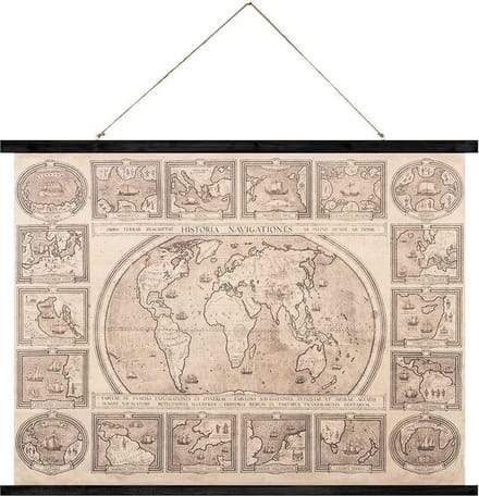 Balvi Wandposter Oude Wereldkaart 74 Cm Hout/canvas Bruin