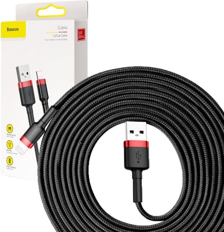 Baseus - Universele USB naar Lightning kabel - Geschikt voor o.a. Apple/iPhone en andere apparaten - 3 Meter - 2.5A - Zwart/Rood
