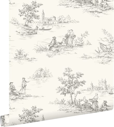 ESTAhome behang toile de jouy print grijs - 0.53 x 10.05 m - 132106