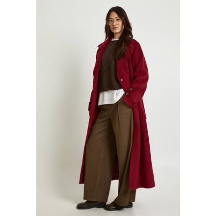 boohoo Dames Lange ceintuurmantel van wollen melange | Bordeaux Rood | Maat: 36