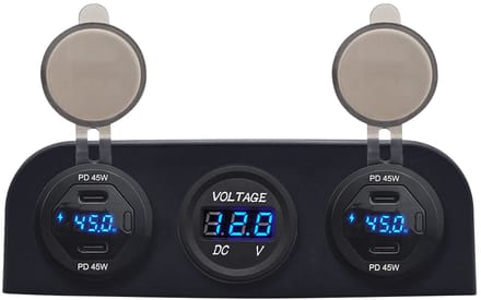 ProRide 12V USB C Autolader 4 Poorten - 45W/QC3.0 - P19184 - Drievoudig opbouw paneel met Voltmeter