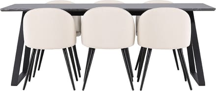 Malaga eethoek eetkamertafel 90x200cm donkergrijs en 6 Skagen stoel fluweel beige.