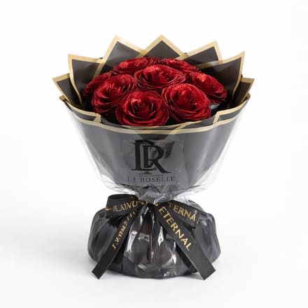 La Roselle Amsterdam Luxe Rode Kunstrozen met Glitter – Chique Rozenboeket in Zwart-Gouden Geschenkverpakking – Luxe Kerstcadeau