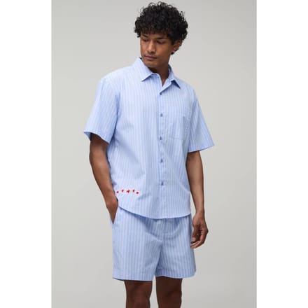 Gestreepte Poplin Set Met Gebogen Zoom, Sterborduursels, Oversized Shirt & Baggy Short | Blue | Size Medium