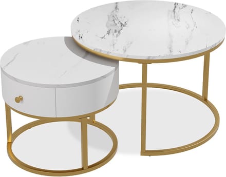 Vicco Madrid Salontafel set – 70 x 70 cm kleine tafel met lade Wit marmer