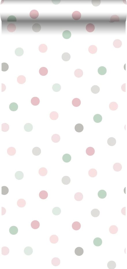 ESTAhome behang stippen roze, groen en grijs - 53 cm x 10.05 m - 139040