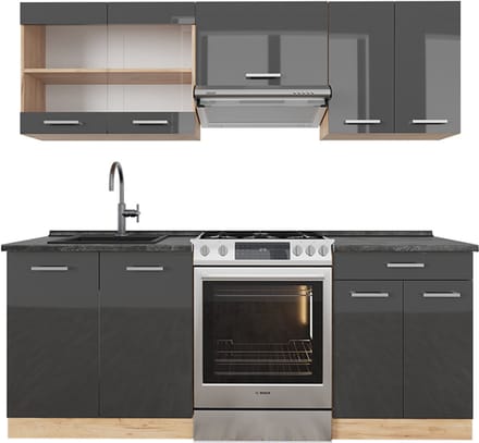 Vicco R-Line Complete keukeneenheid – 200 cm, WB Antraciet Antraciet hoogglans/goud eiken