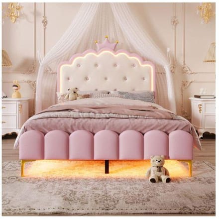 Bed - MUVOE - 140 x 200 cm - Gestoffeerd - LED-verlichting - Roze roze